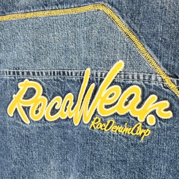 Rocawear RocDenimCorp Vintage 90s Denim Jacket w/ Yellow & White Embroidery SZ M - Picture 11 of 13